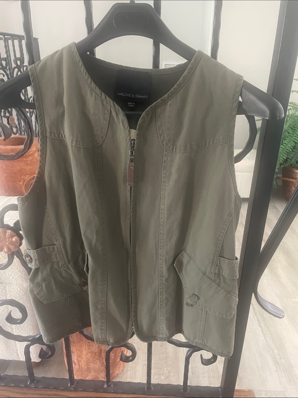Harlowe & Graham Olive Green and Cream Utility Zip Vest